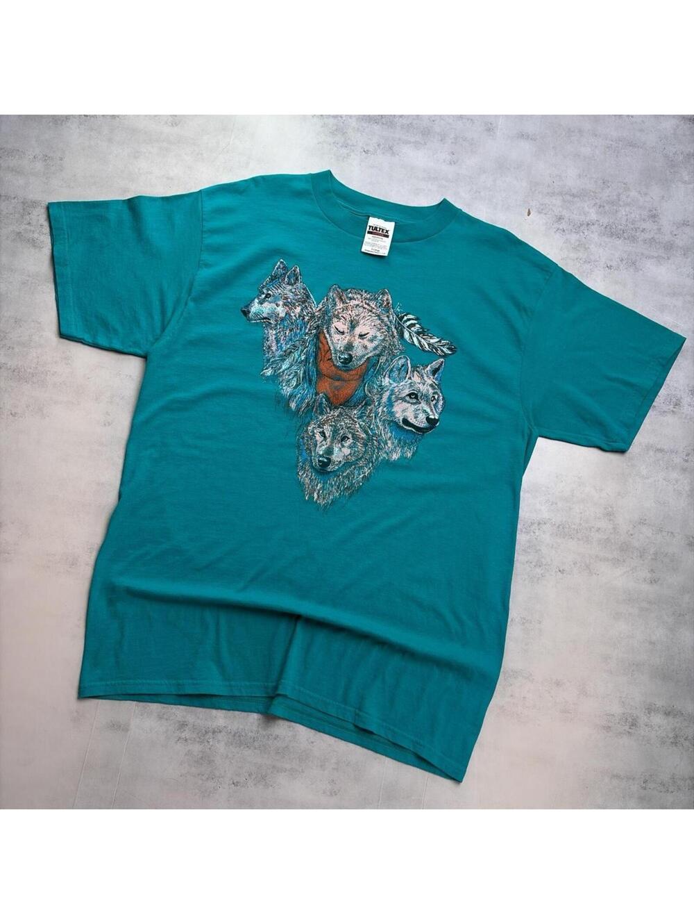 Vintage Teal Wolf Nature Graphic T-Shirt - Picture 2 of 8